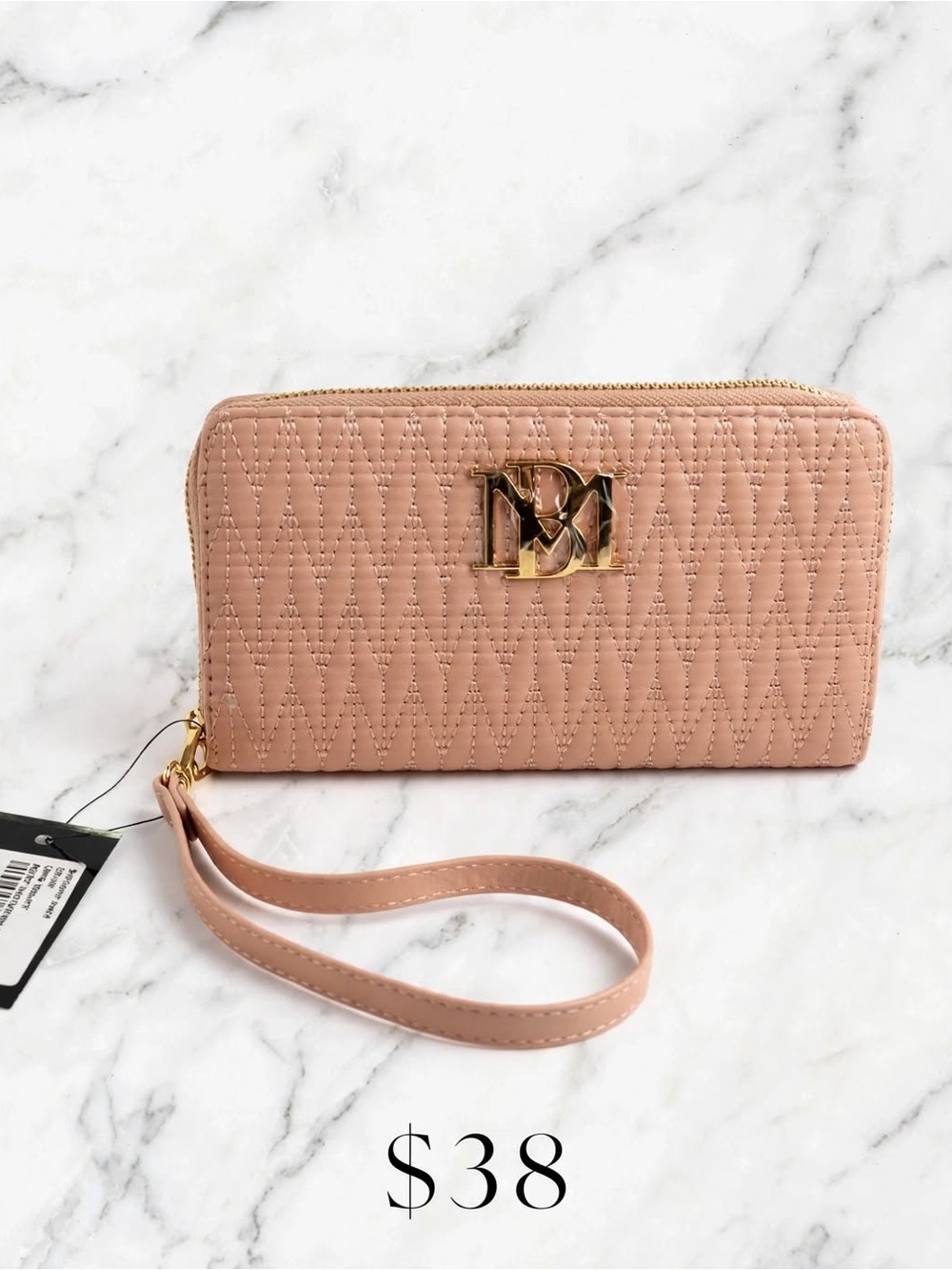 Quilted Pink Wristlet Wallet with Gold Logo